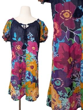 Floral Mini Dress Sheer Lola Size Large Milkmaid Peasant Navy